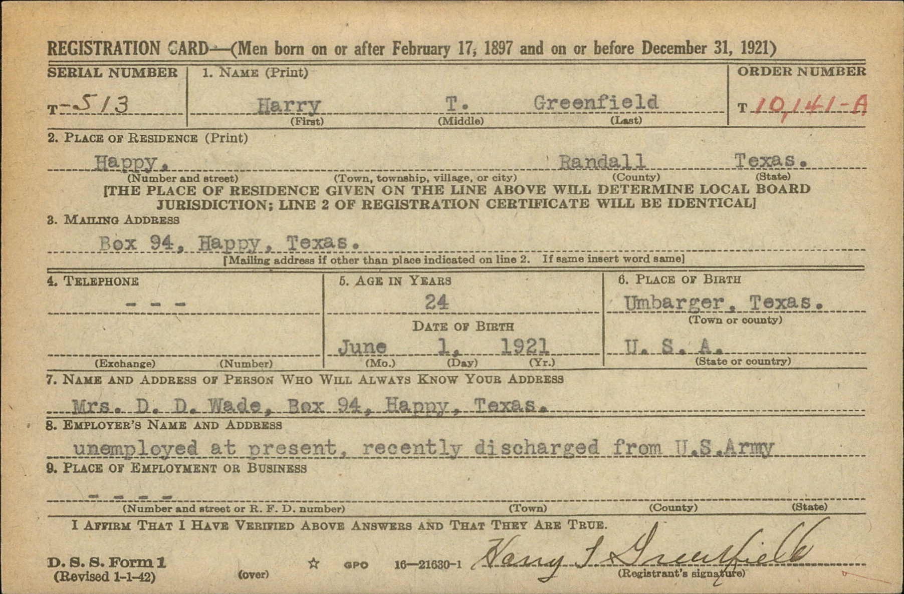 Harry T. Greenfield's World War II Draft Registration Card